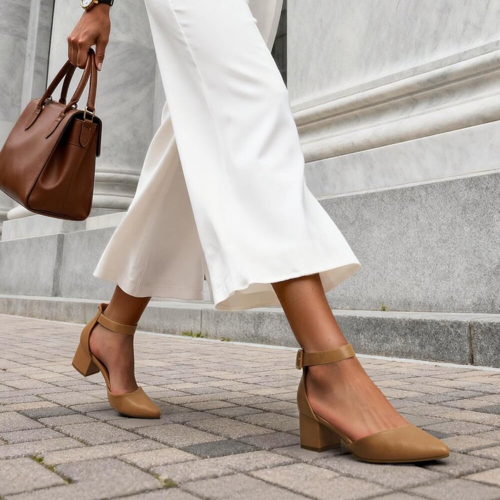Women's Nude/Pu Pointed Toe Heels with Ankle Strap and 2.25 Inch Block Heel - Picture 3 of 6